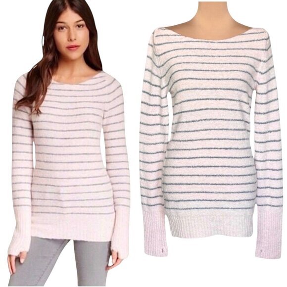 NWOT Free People Striped Sweater Sz.L Pink Wool Blend Thumbholes Fisherman - Picture 1 of 9